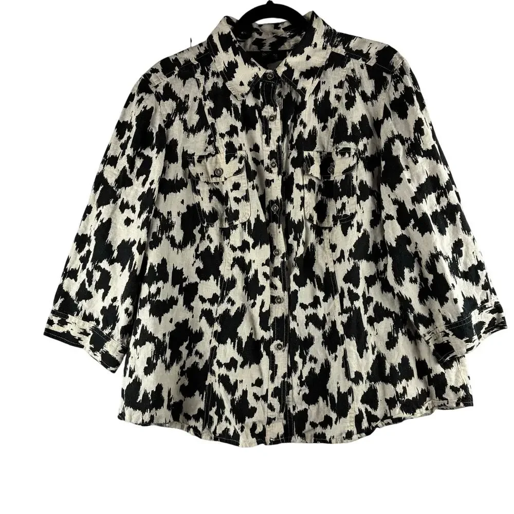Style & Co 100% Linen 3/4 Sleeve Button Up Top Womens 18W Abstract Ikat Leopard